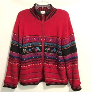 Koret Vintage sweater jacket EUC sz L red southwestern embroidery. Zip front